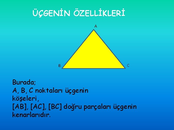 ÜÇGENİN ÖZELLİKLERİ A B C Burada; A, B, C noktaları üçgenin köşeleri, [AB], [AC],