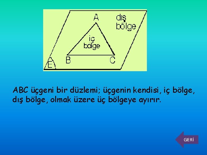 ABC üçgeni bir düzlemi; üçgenin kendisi, iç bölge, dış bölge, olmak üzere üç bölgeye