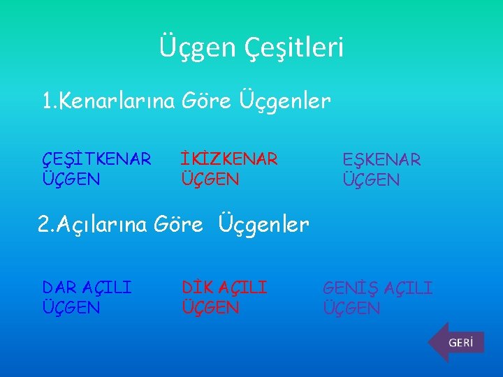 Üçgen Çeşitleri 1. Kenarlarına Göre Üçgenler ÇEŞİTKENAR ÜÇGEN İKİZKENAR ÜÇGEN EŞKENAR ÜÇGEN 2. Açılarına
