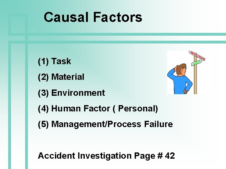 Causal Factors (1) Task (2) Material (3) Environment (4) Human Factor ( Personal) (5)