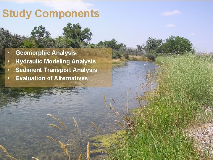 Study Components • • Geomorphic Analysis Hydraulic Modeling Analysis Sediment Transport Analysis Evaluation of