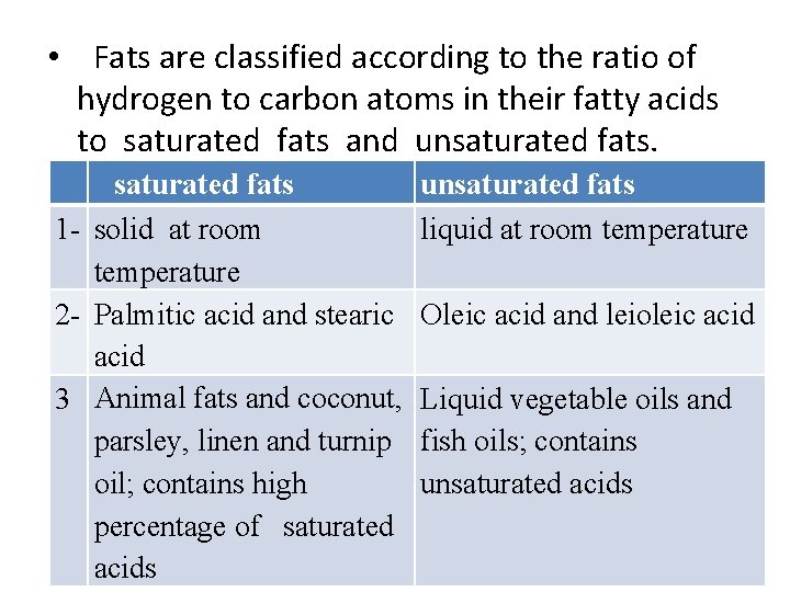  • Fats are classified according to the ratio of hydrogen to carbon atoms