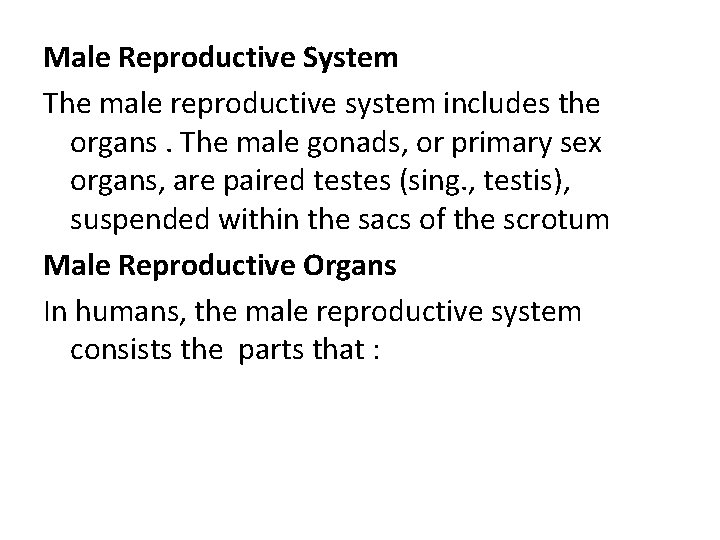 Male Reproductive System The male reproductive system includes the organs. The male gonads, or