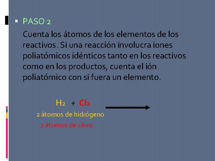 PASO 2 Cuenta los átomos de los elementos de los reactivos. Si una PASO 2 Cuenta los átomos de los elementos de los reactivos. Si una