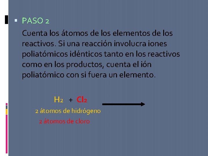  PASO 2 Cuenta los átomos de los elementos de los reactivos. Si una