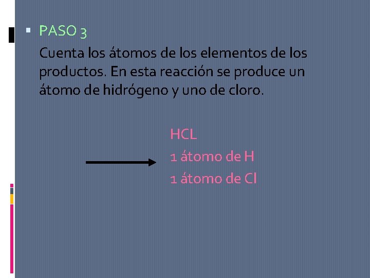  PASO 3 Cuenta los átomos de los elementos de los productos. En esta