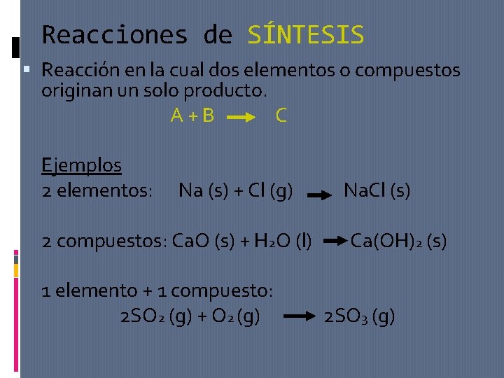 Reacciones de SÍNTESIS Reacción en la cual dos elementos o compuestos originan un solo Reacciones de SÍNTESIS Reacción en la cual dos elementos o compuestos originan un solo