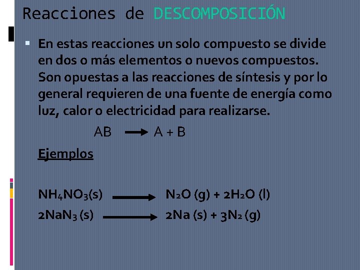 Reacciones de DESCOMPOSICIÓN En estas reacciones un solo compuesto se divide en dos o Reacciones de DESCOMPOSICIÓN En estas reacciones un solo compuesto se divide en dos o