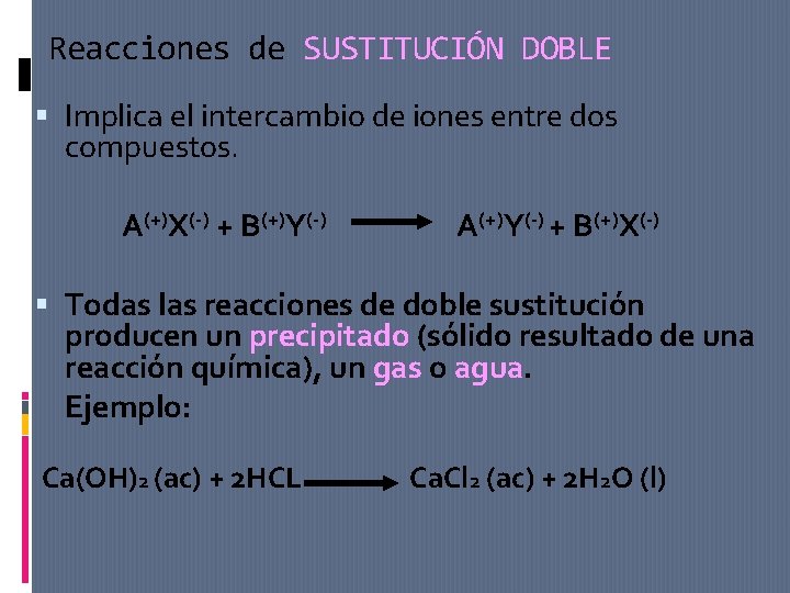 Reacciones de SUSTITUCIÓN DOBLE Implica el intercambio de iones entre dos compuestos. A(+)X(-) +