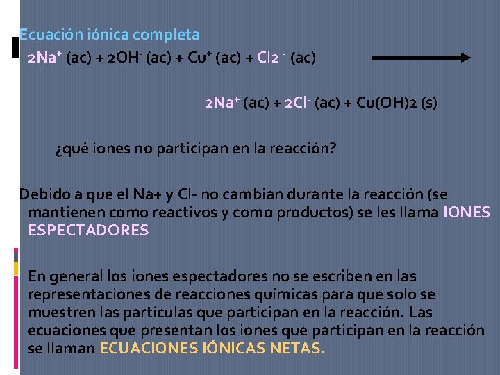 Ecuación iónica completa 2 Na+ (ac) + 2 OH- (ac) + Cu+ (ac) +