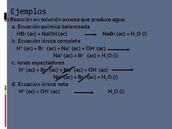 Ejemplos 1) Reacción en solución acuosa que produce agua. a. Ecuación química balanceada HBr