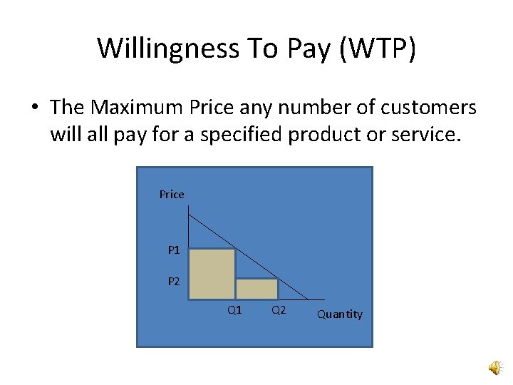 Willingness To Pay (WTP) • The Maximum Price any number of customers will all