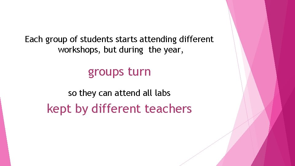 Each group of students starts attending different workshops, but during the year, groups turn