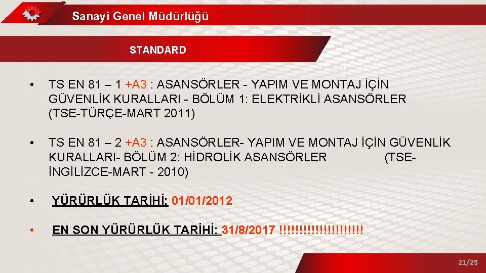 Sanayi Genel Müdürlüğü STANDARD • TS EN 81 – 1 +A 3 : ASANSÖRLER