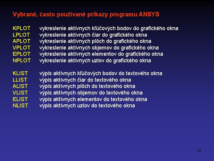 Vybrané, často používané príkazy programu ANSYS KPLOT LPLOT APLOT VPLOT EPLOT NPLOT vykreslenie aktívnych