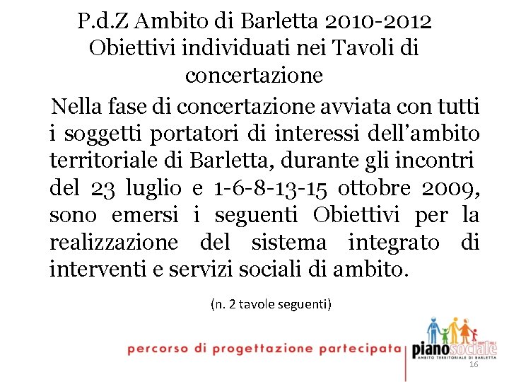 P. d. Z Ambito di Barletta 2010 -2012 Obiettivi individuati nei Tavoli di concertazione