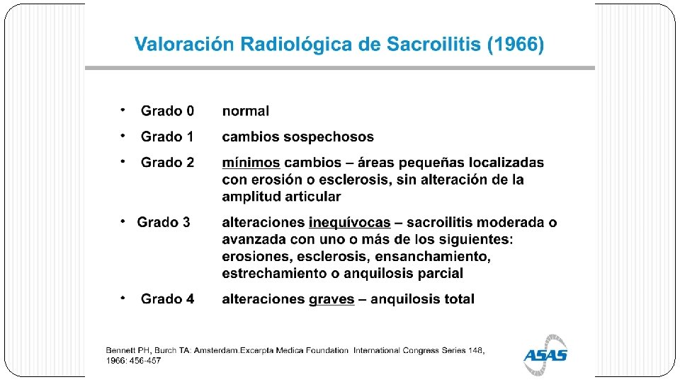Graduación de la Sacroileitis Radiográfica (1966) Grado 0 normal Grado 1 cambios sospechosos Grado