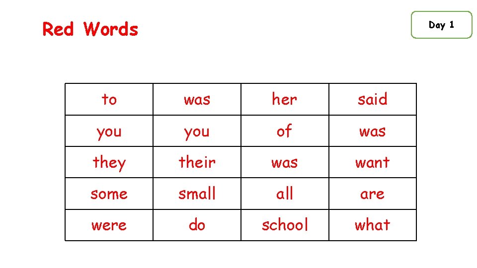 Red Words Day 1 to was her said you of was they their was