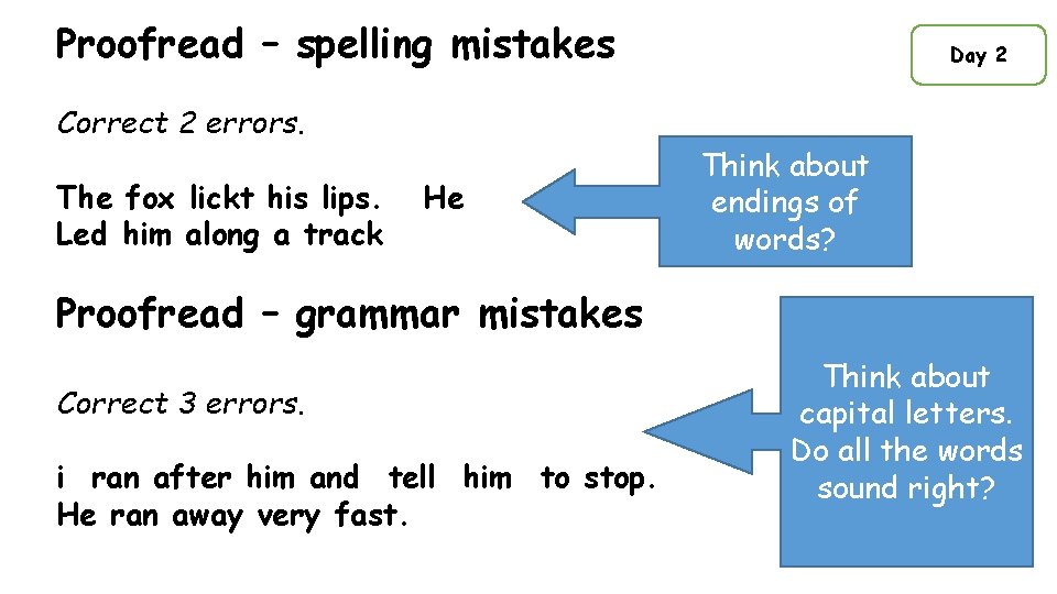 Proofread – spelling mistakes Correct 2 errors. The fox lickt his lips. Led him