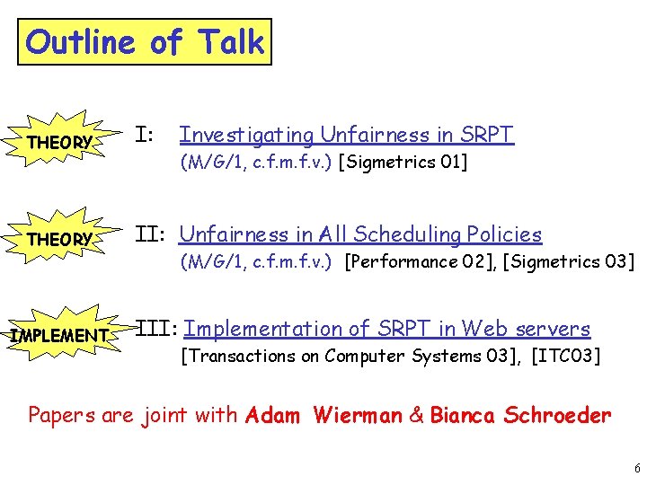 Outline of Talk THEORY I: THEORY II: Unfairness in All Scheduling Policies IMPLEMENT Investigating