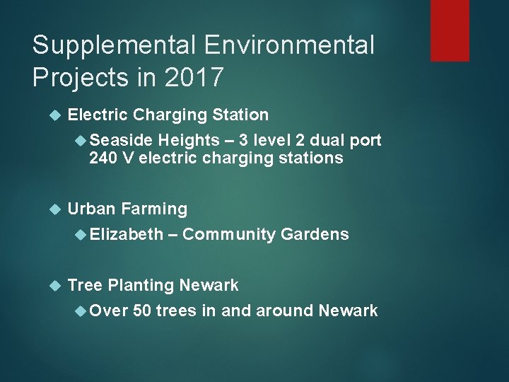 Supplemental Environmental Projects in 2017 Electric Charging Station Seaside Heights – 3 level 2