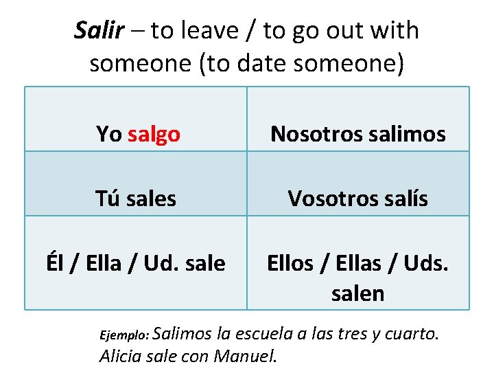 Salir – to leave / to go out with someone (to date someone) Yo