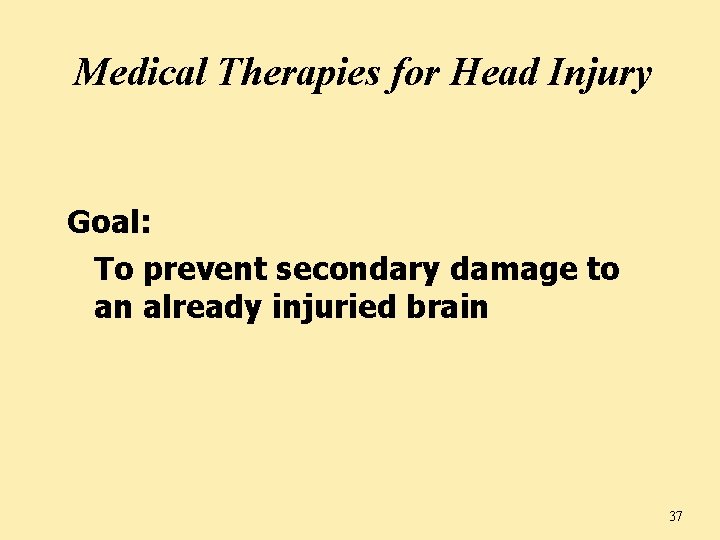 Medical Therapies for Head Injury Goal: To prevent secondary damage to an already injuried