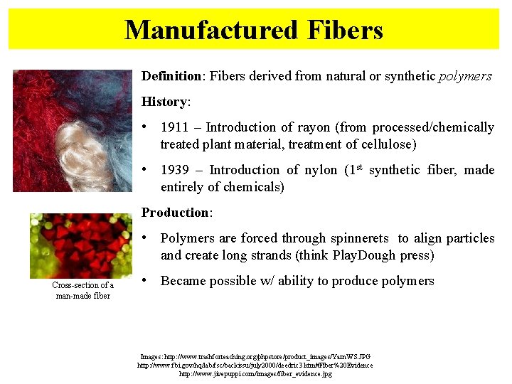 Manufactured Fibers Definition: Fibers derived from natural or synthetic polymers History: • 1911 –