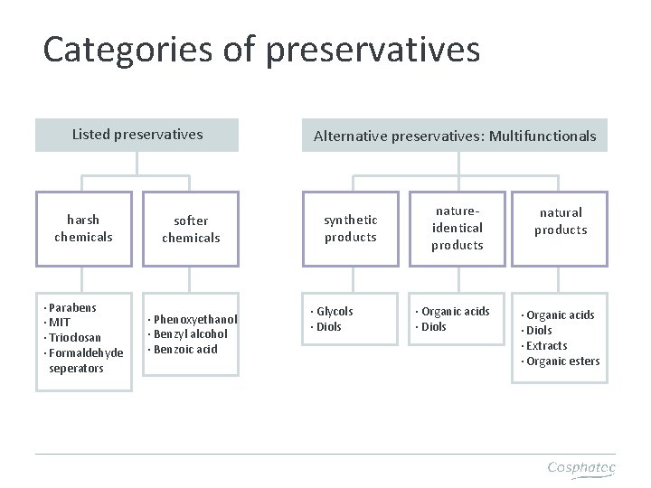 Categories of preservatives Listed preservatives harsh chemicals softer chemicals · Parabens · MIT ·