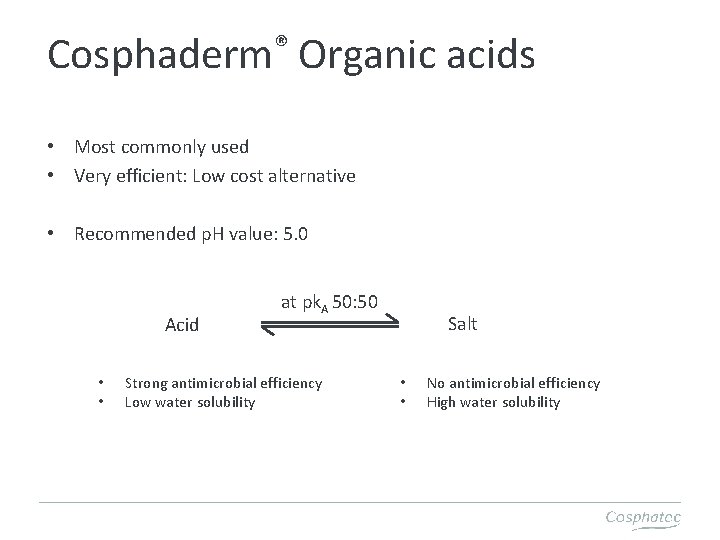 ® Cosphaderm Organic acids • Most commonly used • Very efficient: Low cost alternative