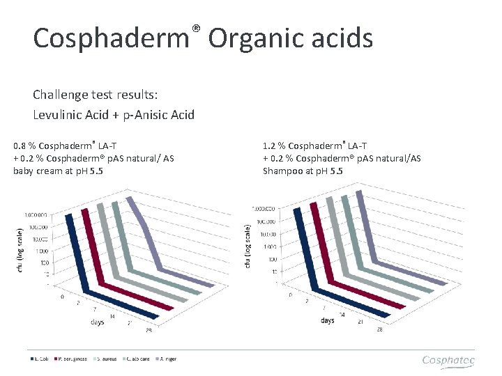 ® Cosphaderm Organic acids Challenge test results: Levulinic Acid + p-Anisic Acid 0. 8