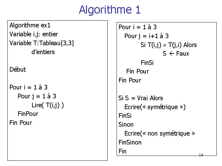 Algorithme 1 Algorithme ex 1 Variable i, j: entier Variable T: Tableau[3, 3] d’entiers