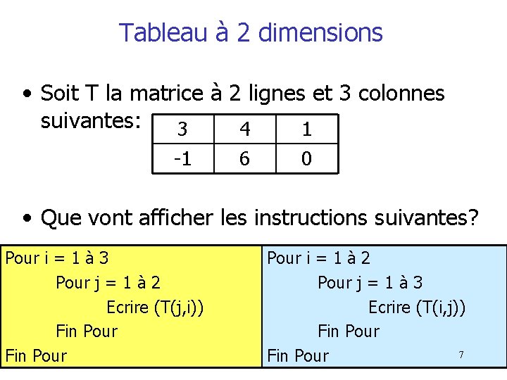 Tableau à 2 dimensions • Soit T la matrice à 2 lignes et 3 Tableau à 2 dimensions • Soit T la matrice à 2 lignes et 3