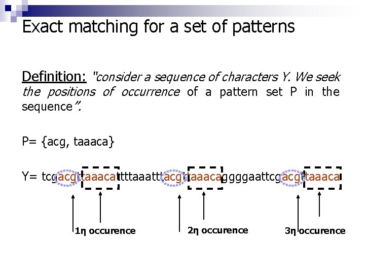 Exact matching for a set of patterns Definition: “consider a sequence of characters Υ.