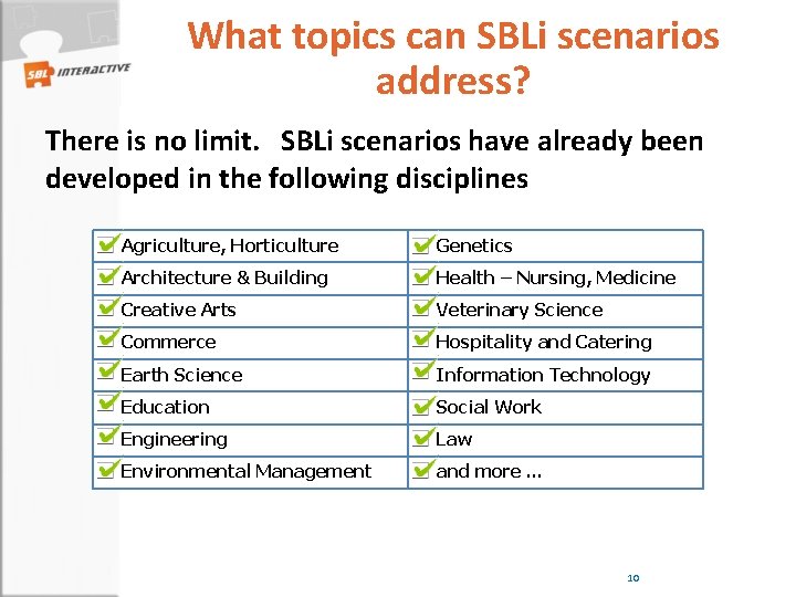 What topics can SBLi scenarios address? There is no limit. SBLi scenarios have already