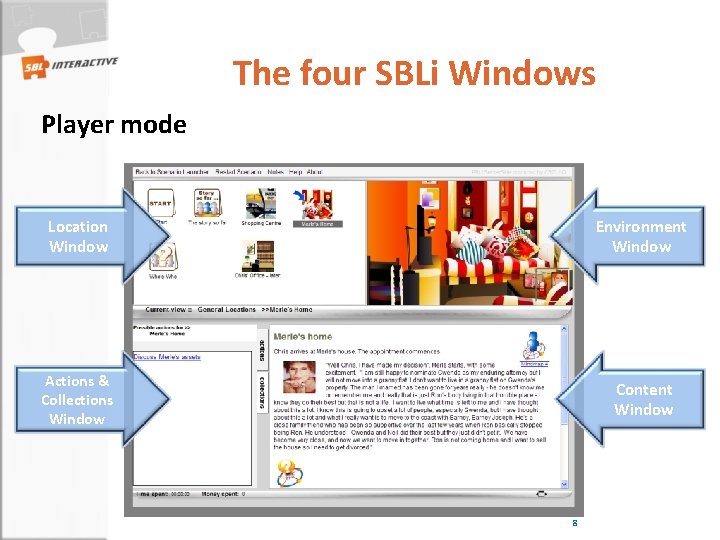 The four SBLi Windows Player mode Location Window Environment Window Actions & Collections Window