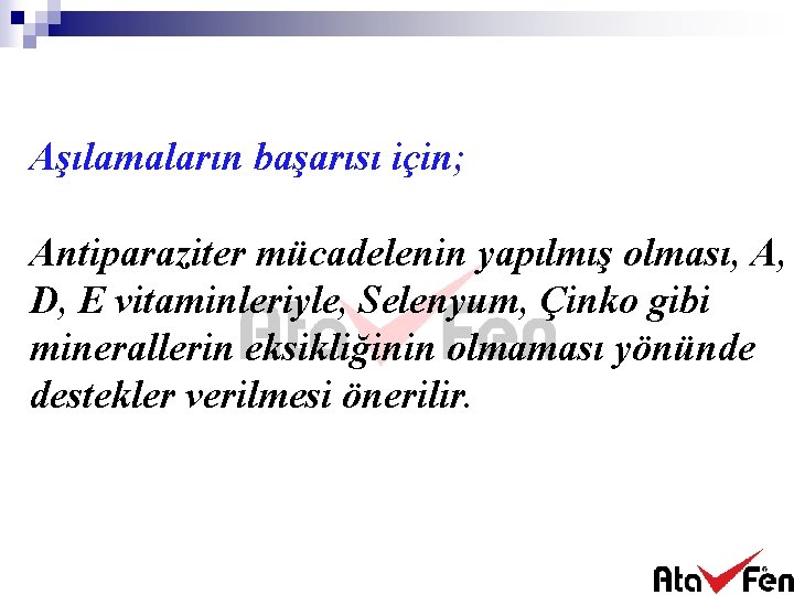 Aşılamaların başarısı için; Antiparaziter mücadelenin yapılmış olması, A, D, E vitaminleriyle, Selenyum, Çinko gibi