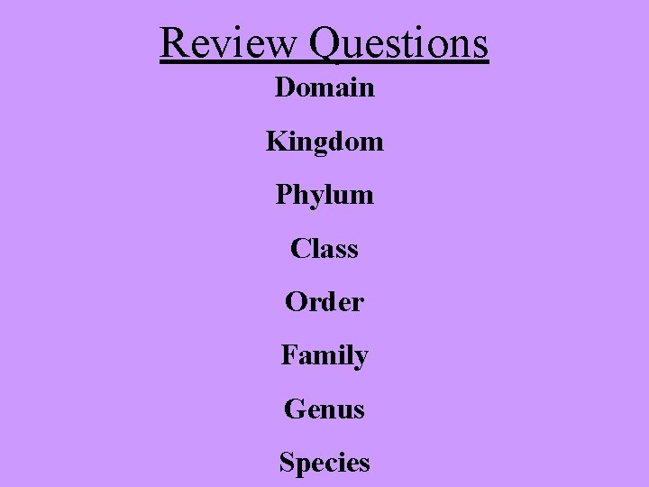 Review Questions Domain Kingdom Phylum Class Order Family Genus Species 