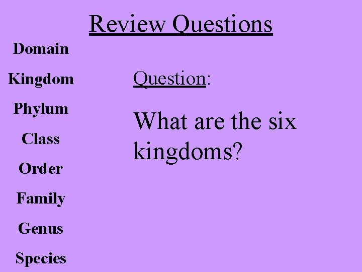 Review Questions Domain Kingdom Phylum Class Order Family Genus Species Question: What are the