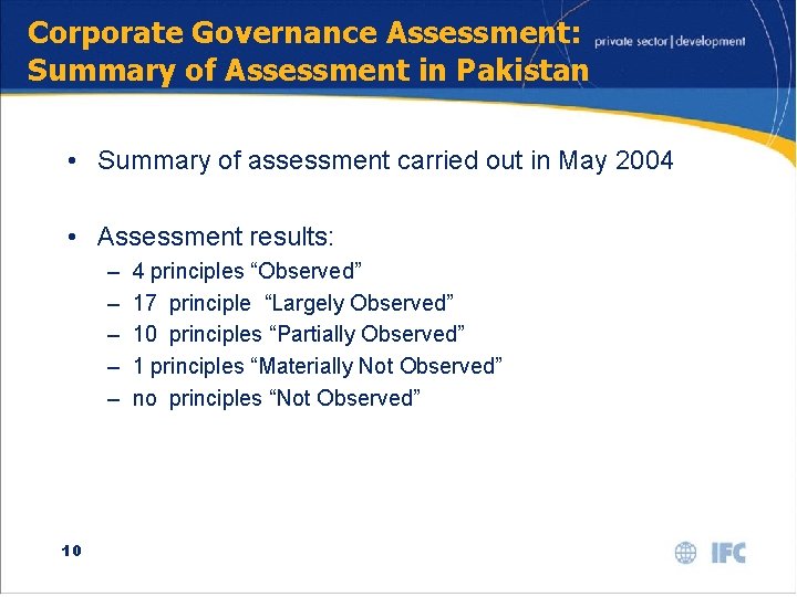 Corporate Governance Assessment: Summary of Assessment in Pakistan • Summary of assessment carried out