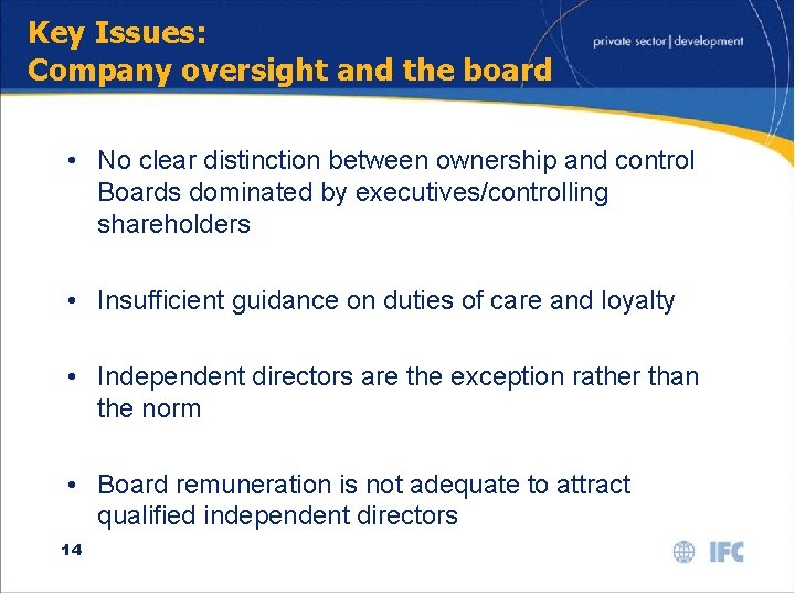 Key Issues: Company oversight and the board • No clear distinction between ownership and