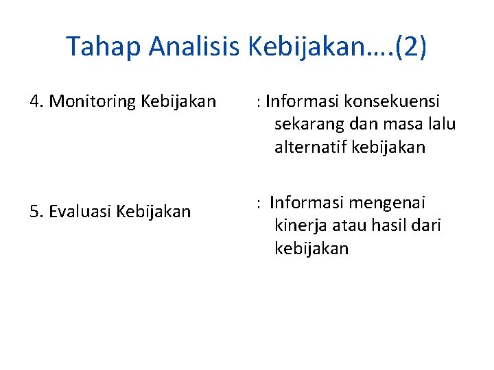 Tahap Analisis Kebijakan…. (2) 4. Monitoring Kebijakan : Informasi konsekuensi sekarang dan masa lalu