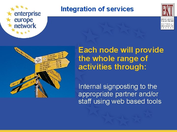 Integration of services Each node will provide the whole range of activities through: Internal