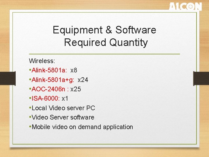 Equipment & Software Required Quantity Wireless: • Alink-5801 a: x 8 • Alink-5801 a+g: