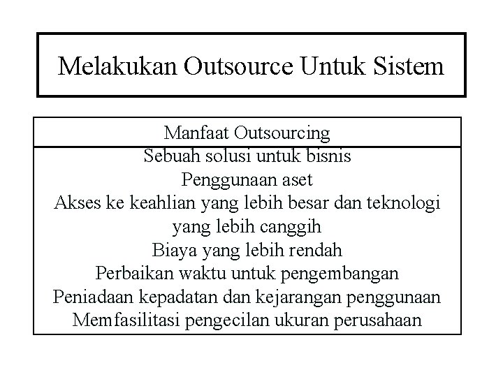 Melakukan Outsource Untuk Sistem Manfaat Outsourcing Sebuah solusi untuk bisnis Penggunaan aset Akses ke