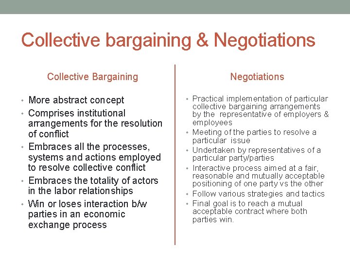 Collective bargaining & Negotiations Collective Bargaining • More abstract concept Negotiations • Practical implementation