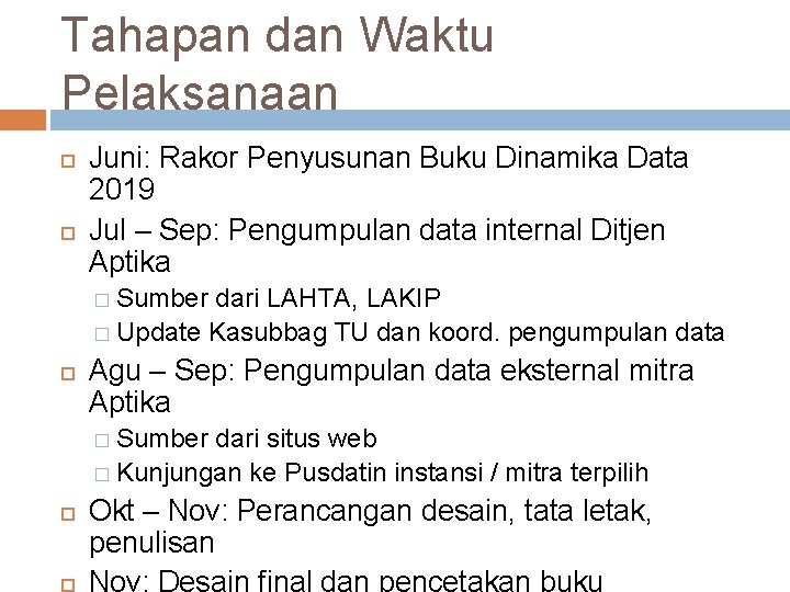 Tahapan dan Waktu Pelaksanaan Juni: Rakor Penyusunan Buku Dinamika Data 2019 Jul – Sep: