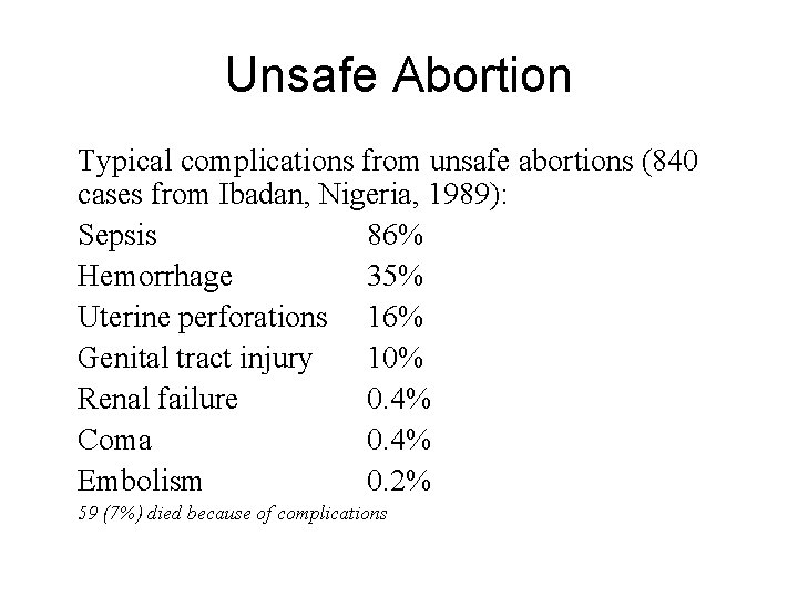 Unsafe Abortion Typical complications from unsafe abortions (840 cases from Ibadan, Nigeria, 1989): Sepsis