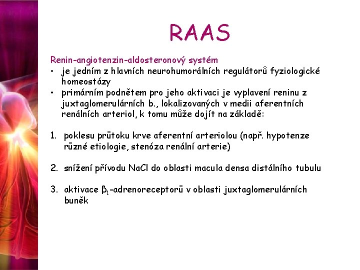 RAAS Renin-angiotenzin-aldosteronový systém • je jedním z hlavních neurohumorálních regulátorů fyziologické homeostázy • primárním