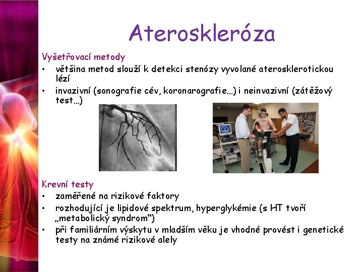 Ateroskleróza Vyšetřovací metody • většina metod slouží k detekci stenózy vyvolané aterosklerotickou lézí •